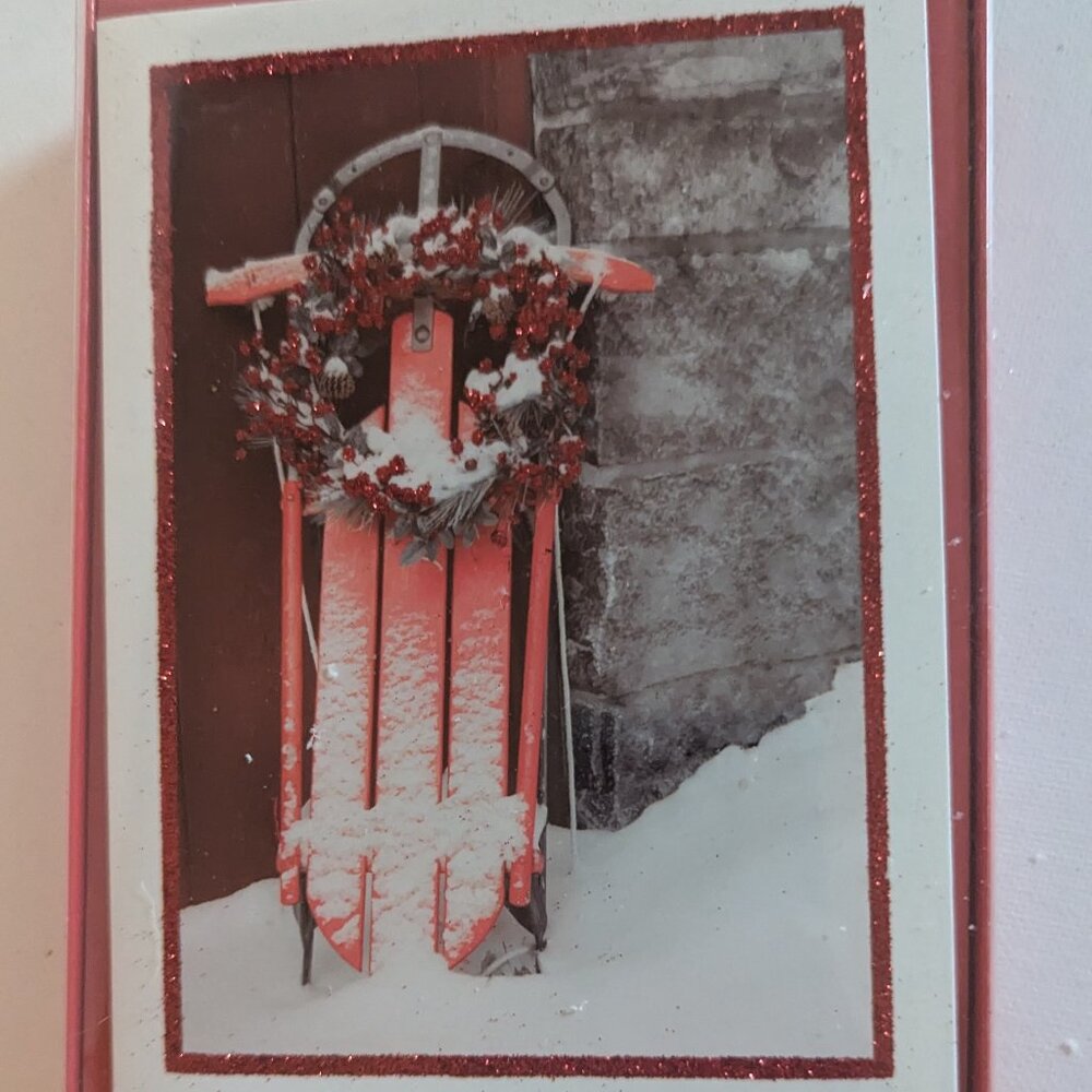 NWT 16 Red Glitter Wreath Sled American Greetings Christmas Cards Sealed Holiday